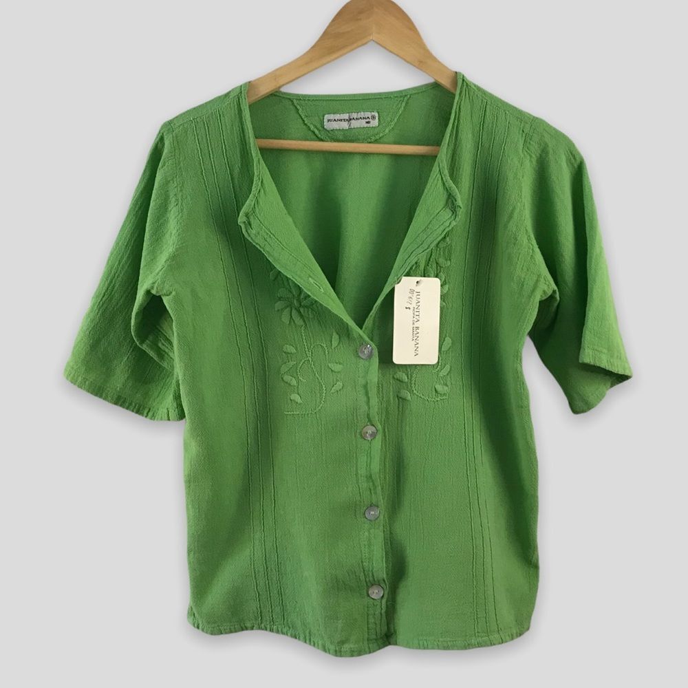 Juanita Banana Womens S Short Sleeve Cotton Button Up Green Embroidered Boho New